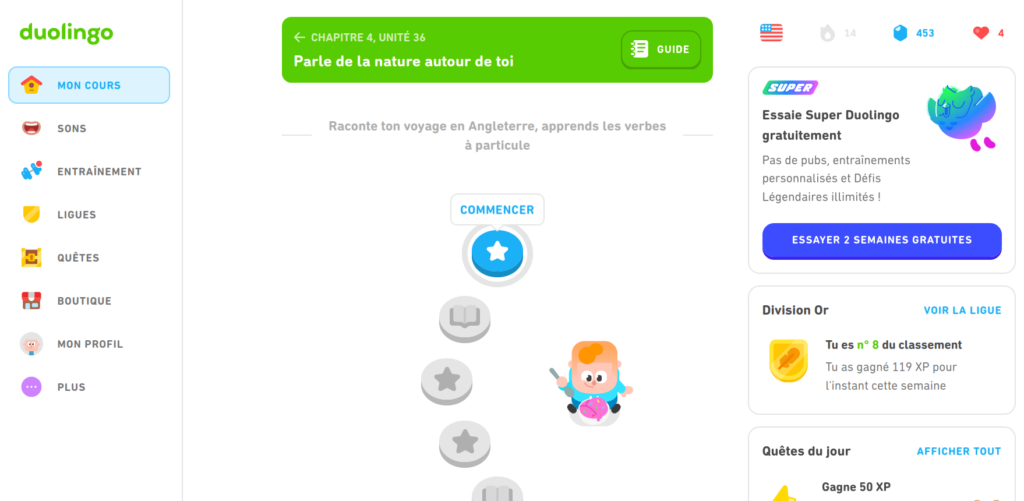 page d'accueil des leçons de Duolingo
